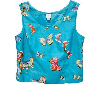 Butterfly Print Pullover Tank Top Emma James Womens Bold Blue Faux Silk Size 16